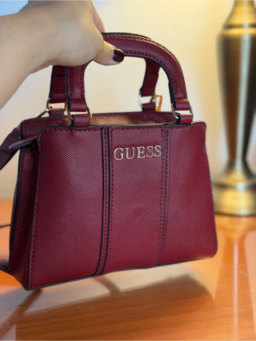 GUESS Burgundy Mini Satchel Crossbody Bag with Adjustable Strap